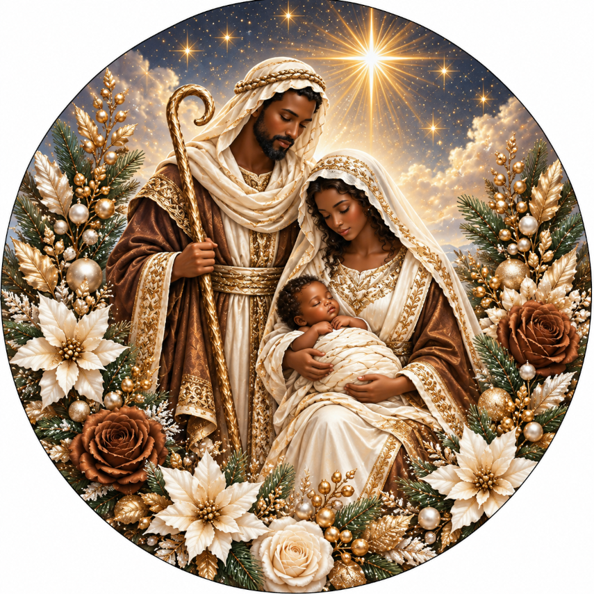 a religious scene with a family of three, likely representing the Holy Family, surrounded by a floral arrangement and a starry night sky.
