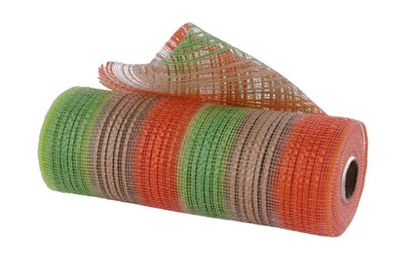 A roll of colorful mesh material with a pattern of orange, green, and brown stripes.