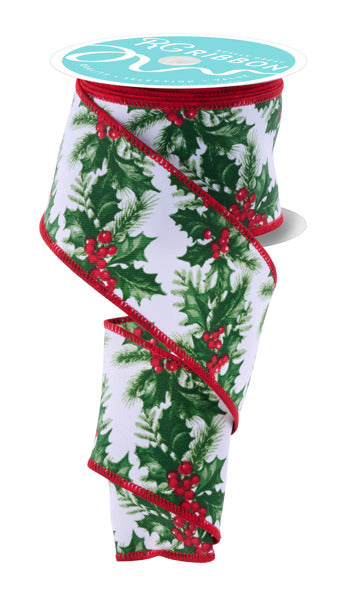 A Christmas-themed ribbon with a pattern of holly leaves and red berries.