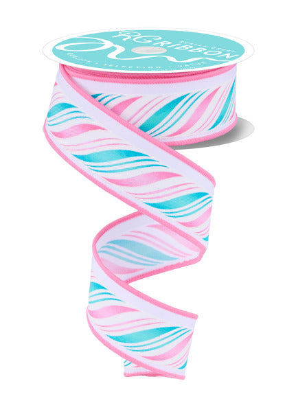 A roll of ribbon with a pink and blue striped pattern.