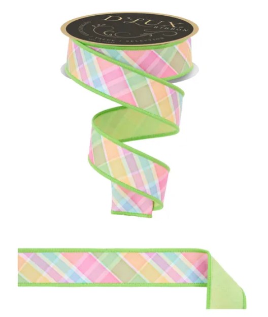 A colorful plaid ribbon with a green trim, and a smaller piece of the same ribbon.