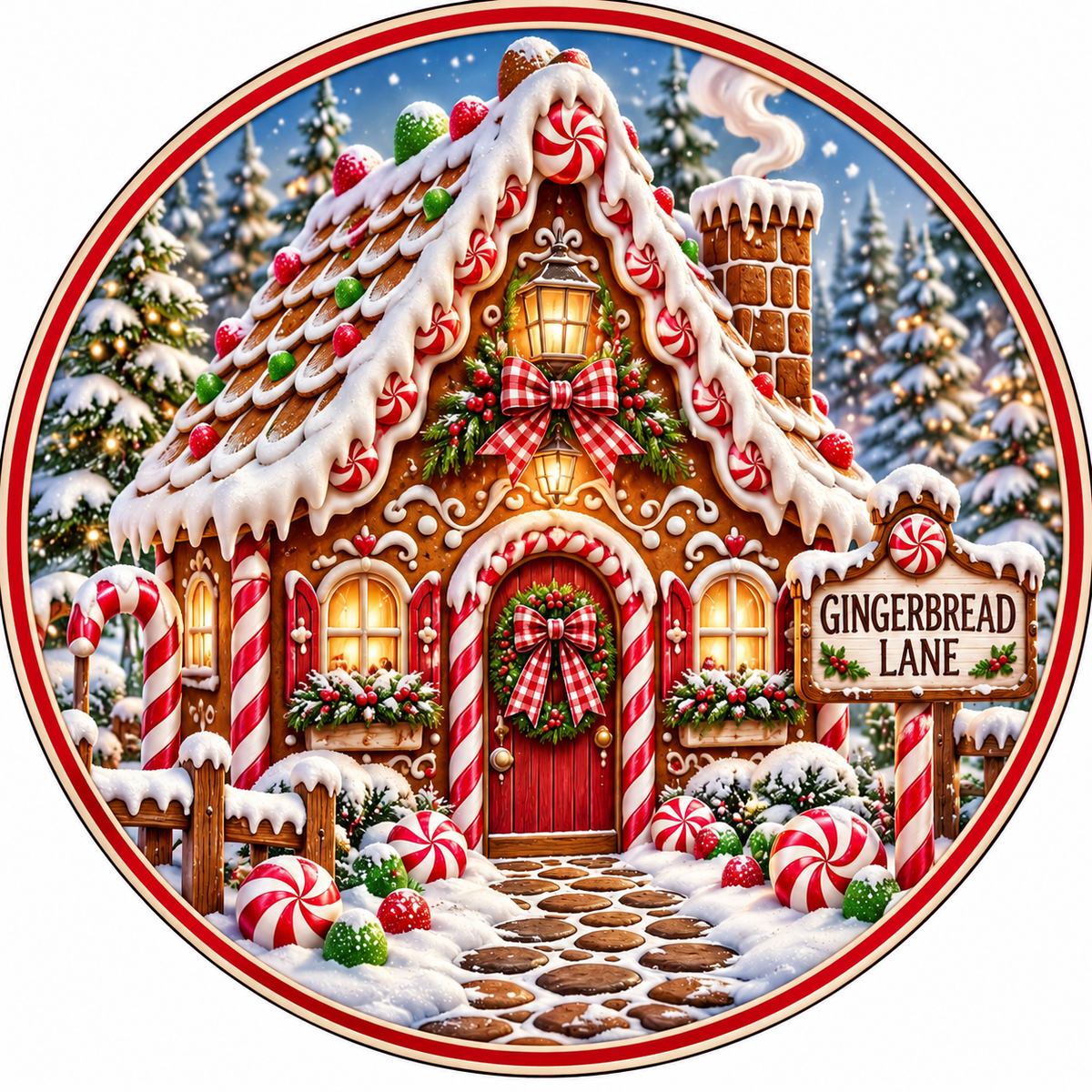 A beautifully decorated gingerbread house with a wreath, lights, and candy canes, set against a snowy winter landscape with pine trees.