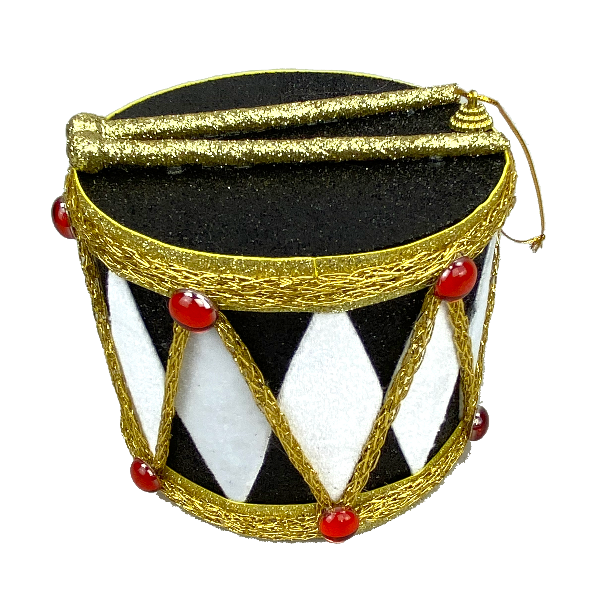 A decorative drum-shaped container with a black and white striped pattern, gold trim, and red and gold embellishments.