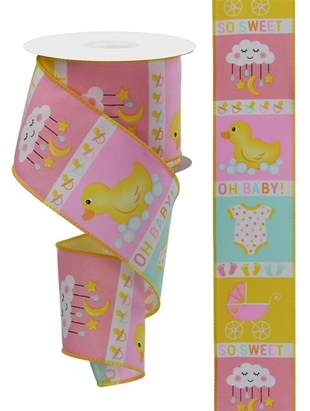 a roll of pink and yellow baby shower ribbon