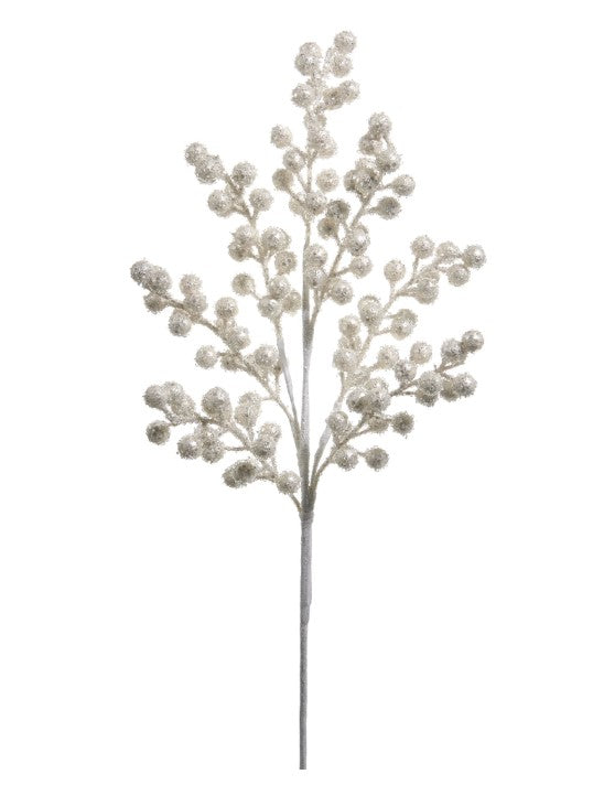 A silver-colored branch with small white balls on it, resembling a miniature tree or plant.