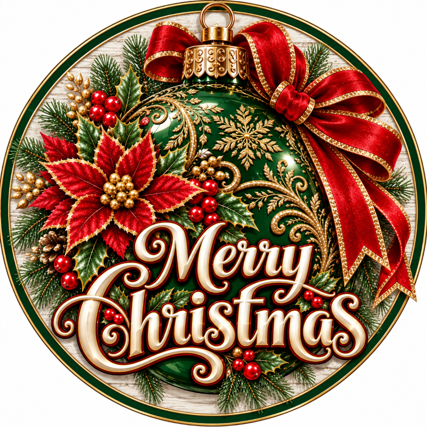 A festive Christmas wreath with a large green ornament, red poinsettia flowers, and a red ribbon. The text "Merry Christmas" is displayed in a decorative font.