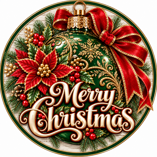 A festive Christmas wreath with a large green ornament, red poinsettia flowers, and a red ribbon. The text "Merry Christmas" is displayed in a decorative font.