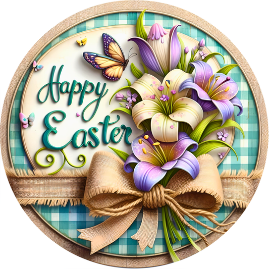 A round decorative Easter greeting card with a floral arrangement, butterflies, and a ribbon bow.