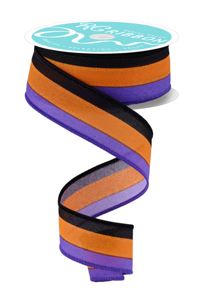 A spiral-shaped ribbon with alternating orange and purple stripes.