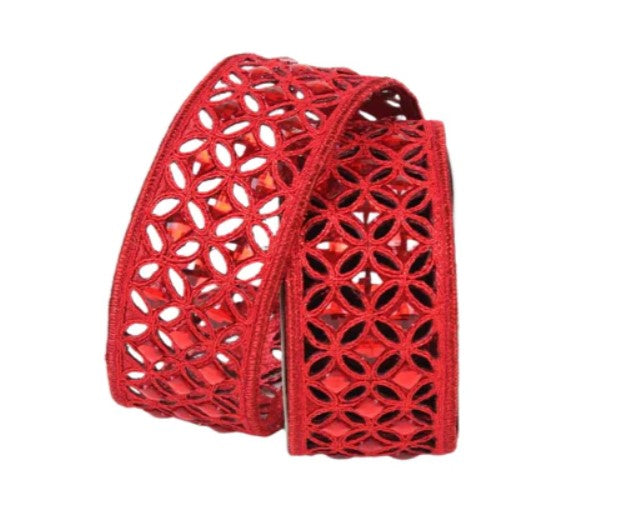 A red, decorative ribbon with a floral pattern.