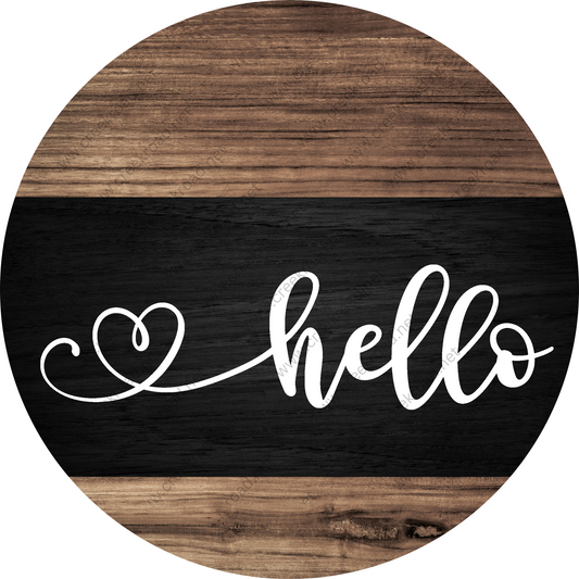 a round wooden sign with the word hello painted on it