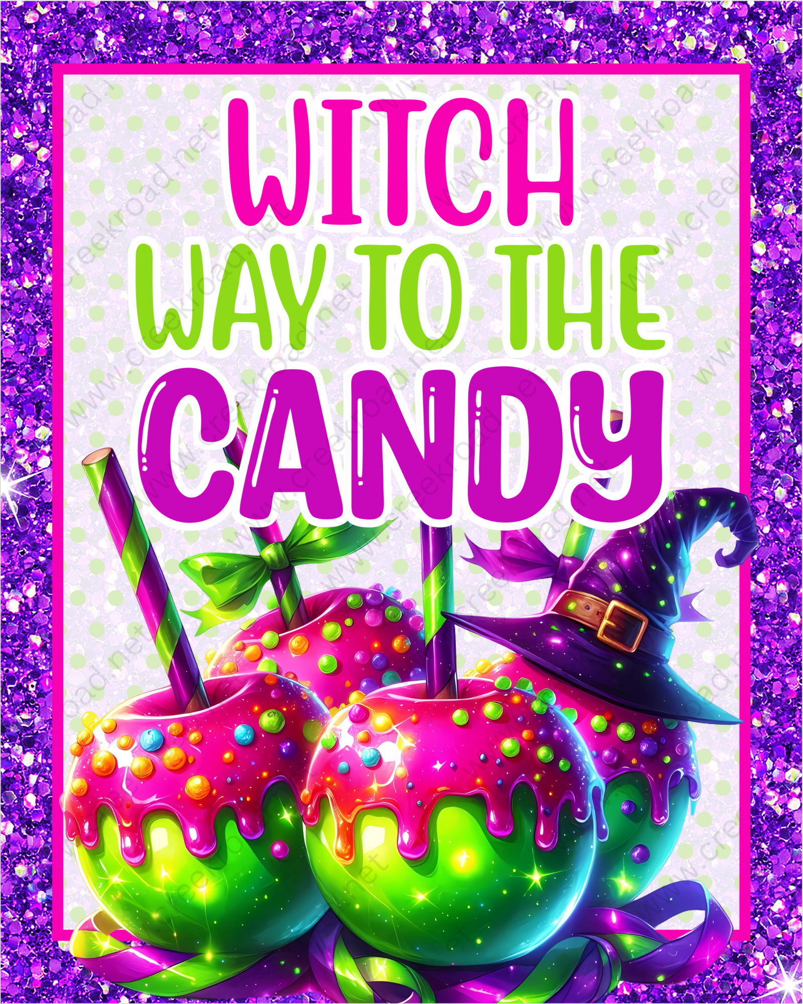 colorful candy apples with a witch's hat on top, surrounded by a glittery purple border.