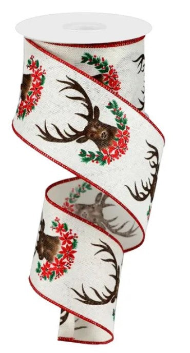 A white ribbon with a red border and a repeating pattern of brown reindeer heads and red flowers.