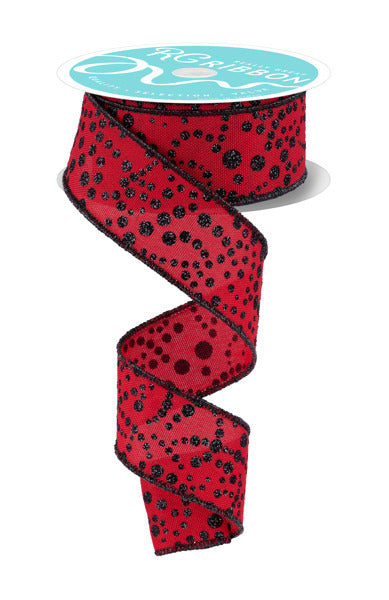 A red and black polka dot ribbon is shown, with a turquoise spool of ribbon attached to it.