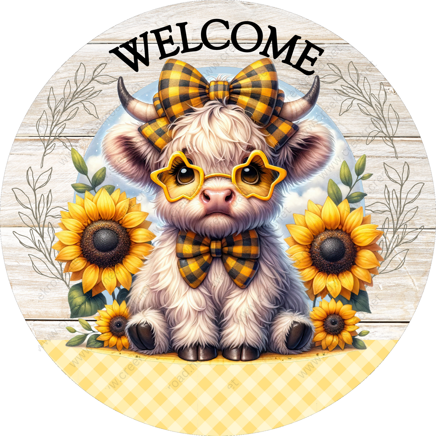 a picture of a cow with sunflowers and a welcome sign