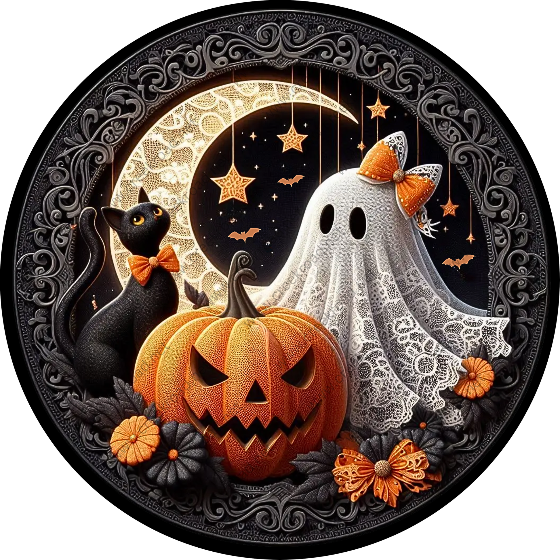 A Halloween-themed illustration featuring a black cat, a jack-o-lantern, a ghost, and a white lace dress, all set against a moonlit night sky with stars and bats.