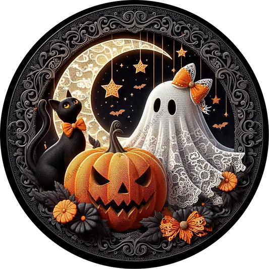 A Halloween-themed illustration featuring a black cat, a jack-o-lantern, a ghost, and a white lace dress, all set against a moonlit night sky with stars and bats.