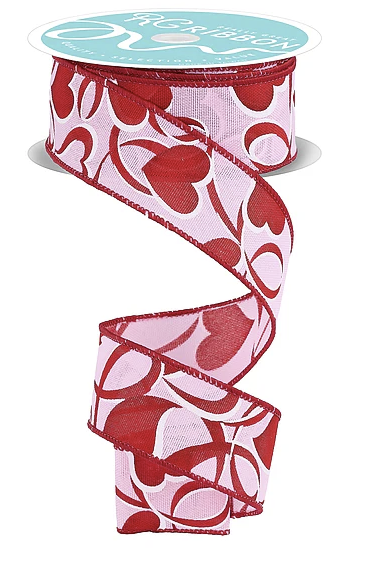 A red and white heart-patterned ribbon is shown, with a label indicating it is a "Love Seam Ribbon".