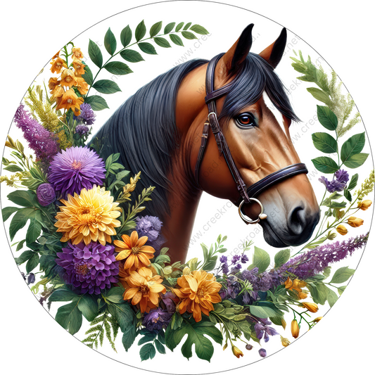 A digital illustration of a horse's head surrounded by a vibrant floral arrangement of various flowers and leaves.