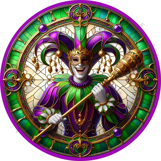 a stained glass picture of a mardi gras clown