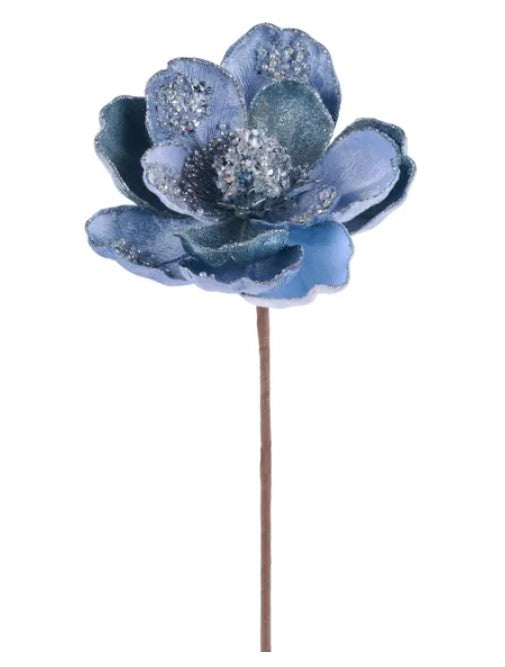 A single, blue flower with a brown stem is the main focus of the image.