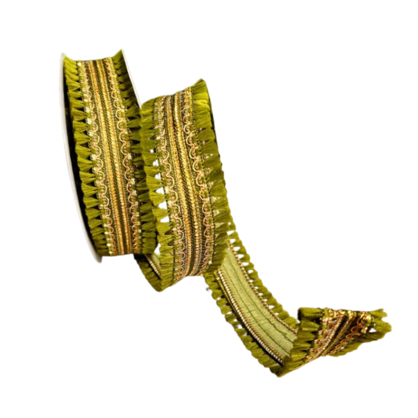 A roll of green and gold decorative ribbon with a scalloped edge and a metallic sheen.