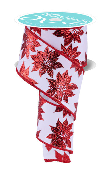 A close-up image of a red and white ribbon with a floral pattern, displayed against a white background.