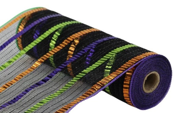 A roll of colorful, multicolored fabric with a metallic, striped pattern.