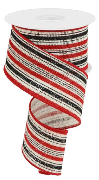 a roll of red and black striped ribbon