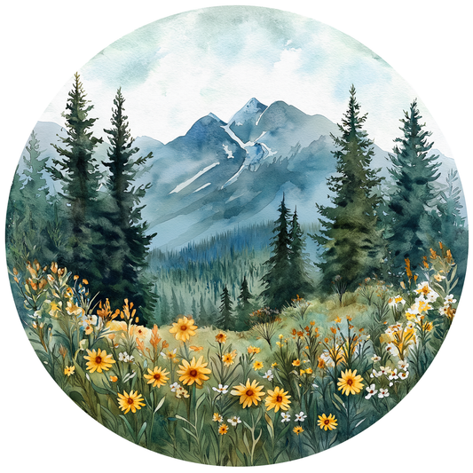 A watercolor painting depicting a serene mountain landscape with pine trees, a meadow filled with yellow flowers, and snow-capped peaks in the background.