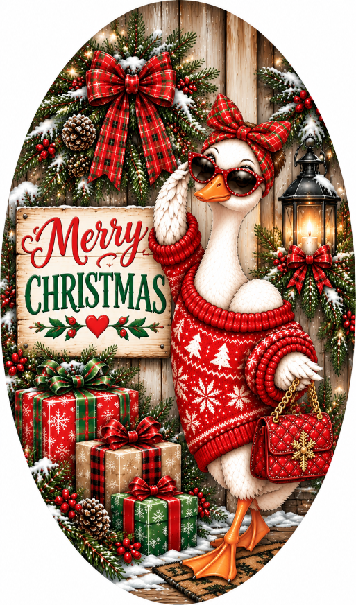 A festive Christmas scene featuring a duck wearing a red sweater and sunglasses, holding a red purse, surrounded by holiday decorations such as a wreath, pine cones, and presents.