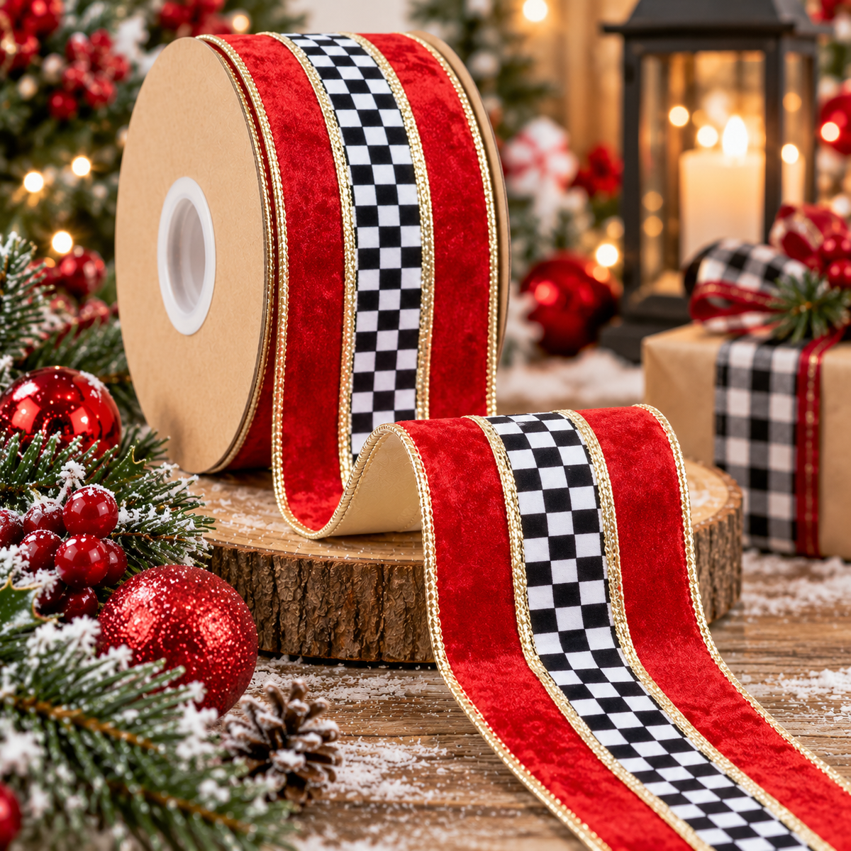 A roll of red and black checkered ribbon is displayed on a wooden surface, surrounded by Christmas decorations such as ornaments, pine cones, and a lit lantern.