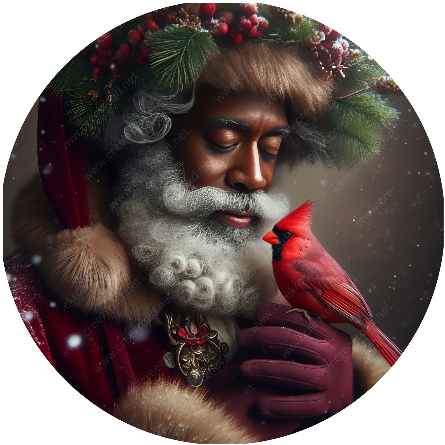 A close-up portrait of Santa Claus holding a red cardinal bird, with a wreath of berries and pine branches on his head.