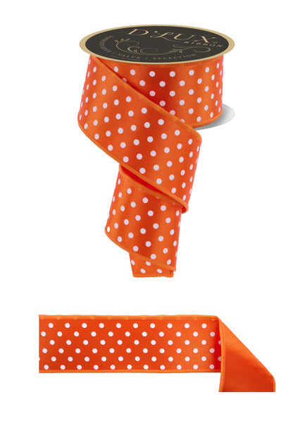 a large orange ribbon with white polka dots, and a smaller orange ribbon with white polka dots.