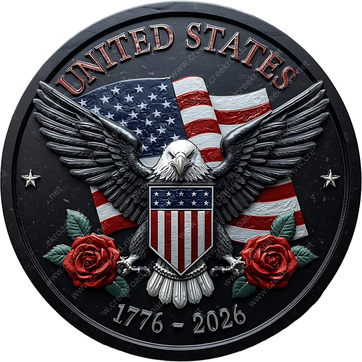 a circular plaque with the United States flag, an eagle, and roses. The plaque has the text "UNITED STATES" at the top and "1776-2026" at the bottom.