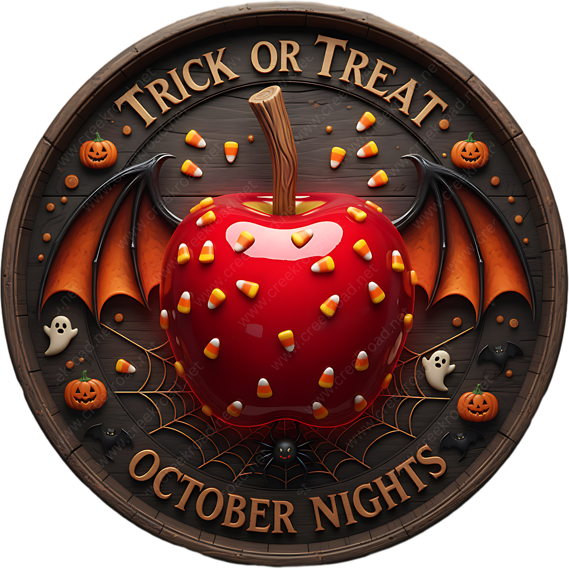 a Halloween-themed decoration with a large red apple, bats, candy corn, and a spider web. The text "Trick or Treat" and "October Nights" are displayed around the apple, indicating a festive celebration of Halloween.