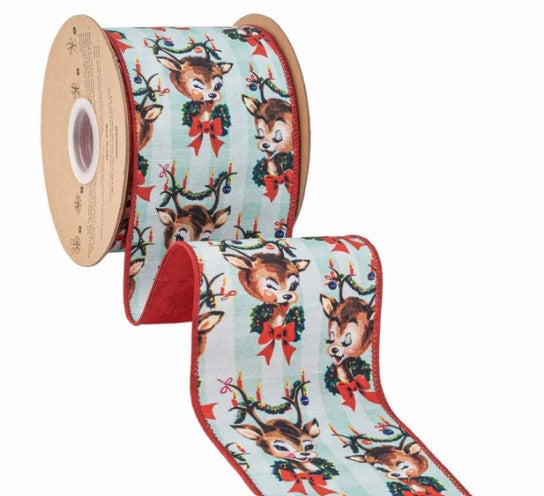 A roll of ribbon with a repeating pattern of deer faces wearing Christmas decorations, including bows and wreaths.