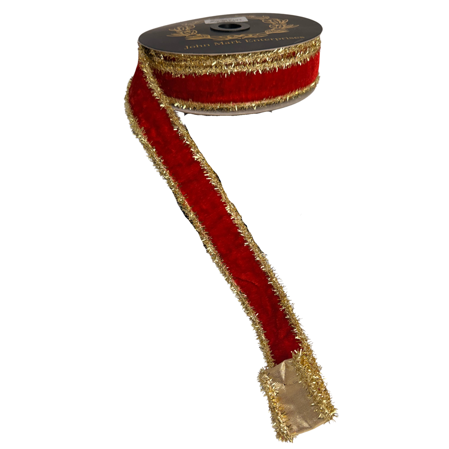 A roll of red and gold metallic ribbon with a decorative trim.