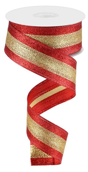 a roll of red and gold glitter ribbon