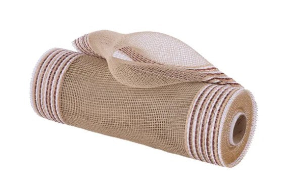 A roll of brown mesh with white stripes.