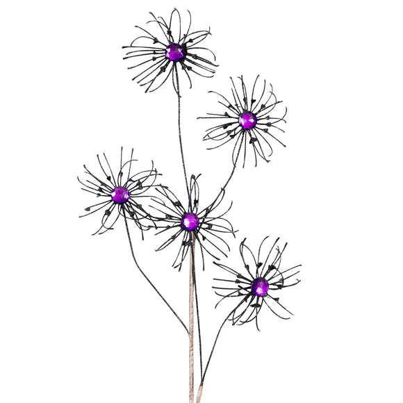 A group of five purple flowers with black stems and circular centers, arranged in a stylized manner.