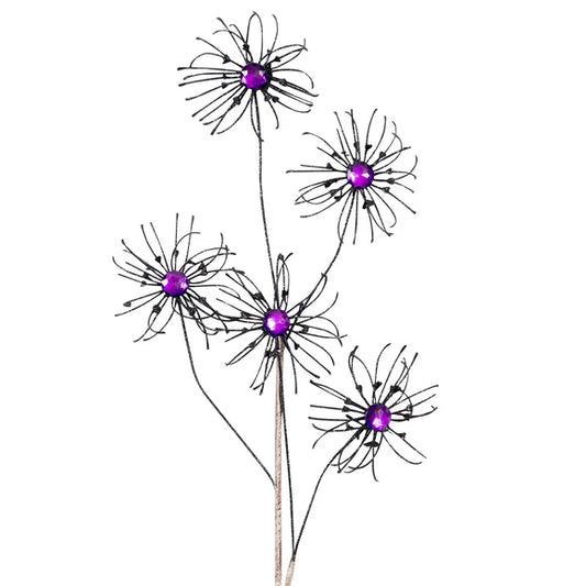 A group of five purple flowers with black stems and circular centers, arranged in a stylized manner.