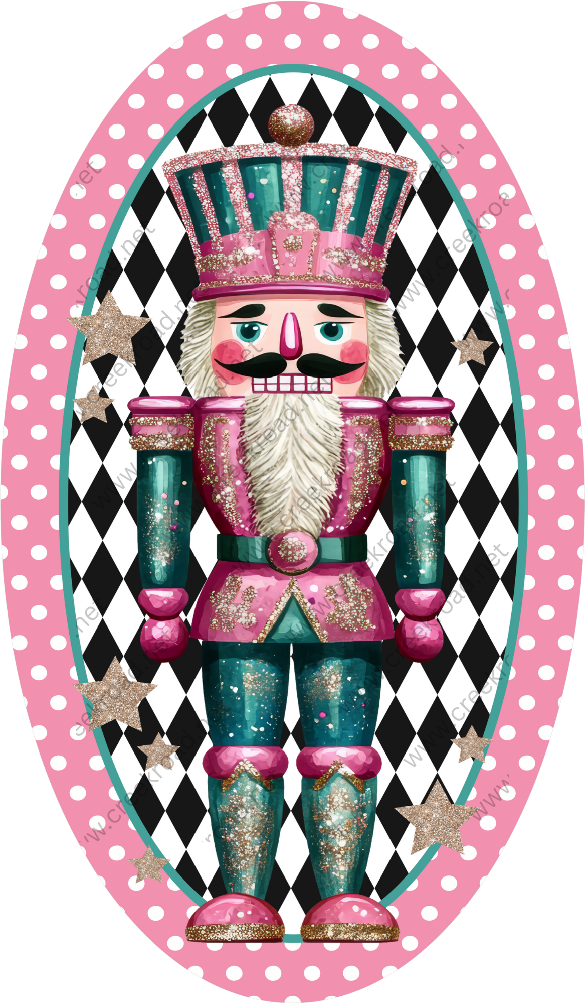 A colorful nutcracker figure wearing a pink and green outfit with gold accents, standing against a black and white polka dot background.