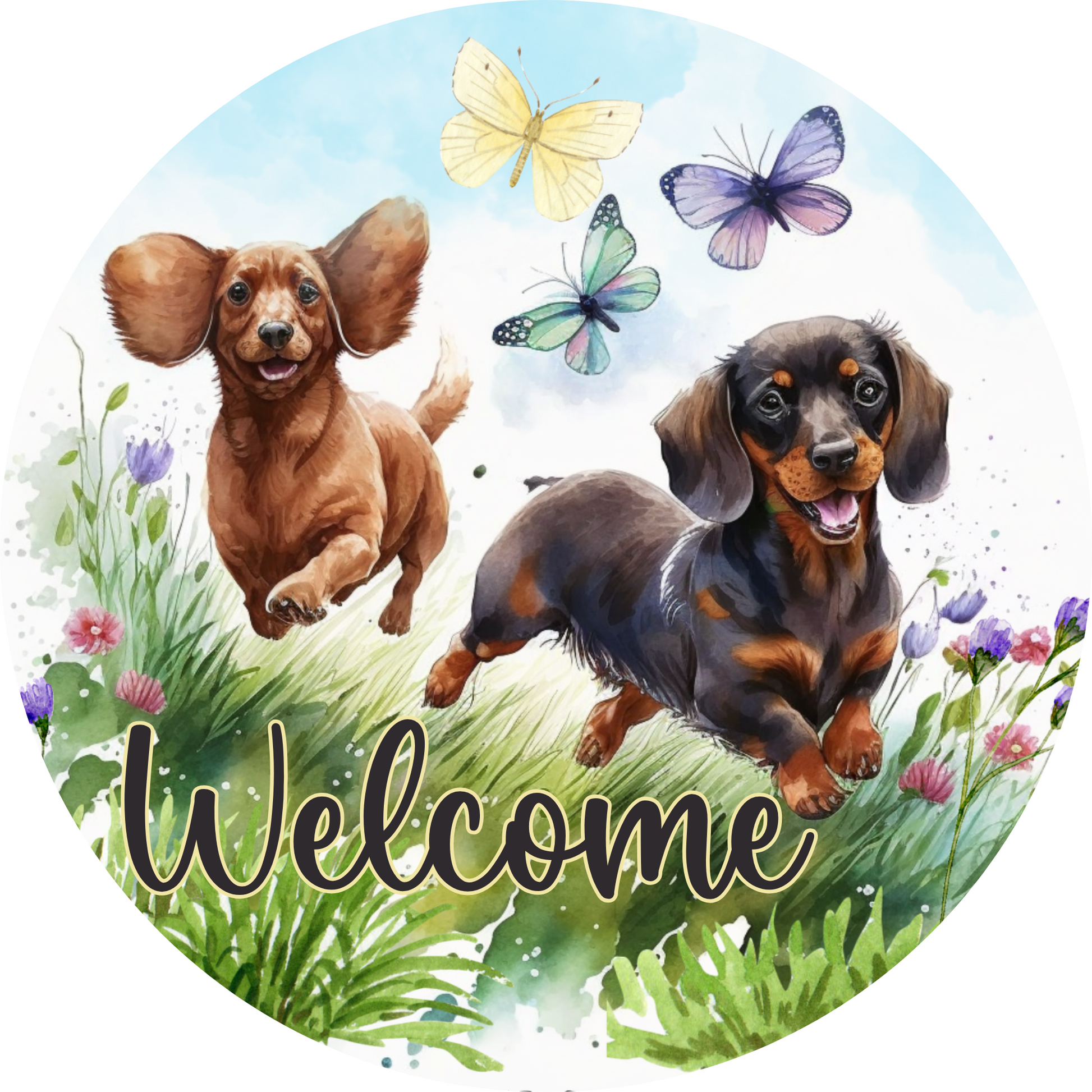 two dogs, one brown and one black, running through a grassy field with colorful butterflies in the background. The word "Welcome" is written in cursive below the dogs.