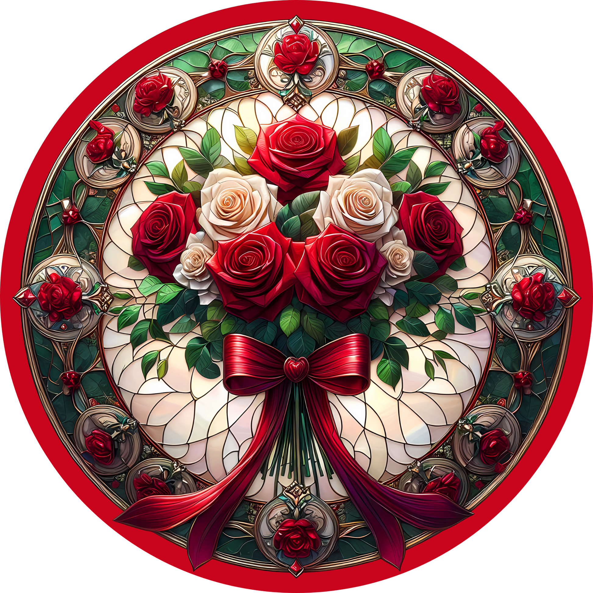 a painting of a bouquet of roses in a stained glass bowl