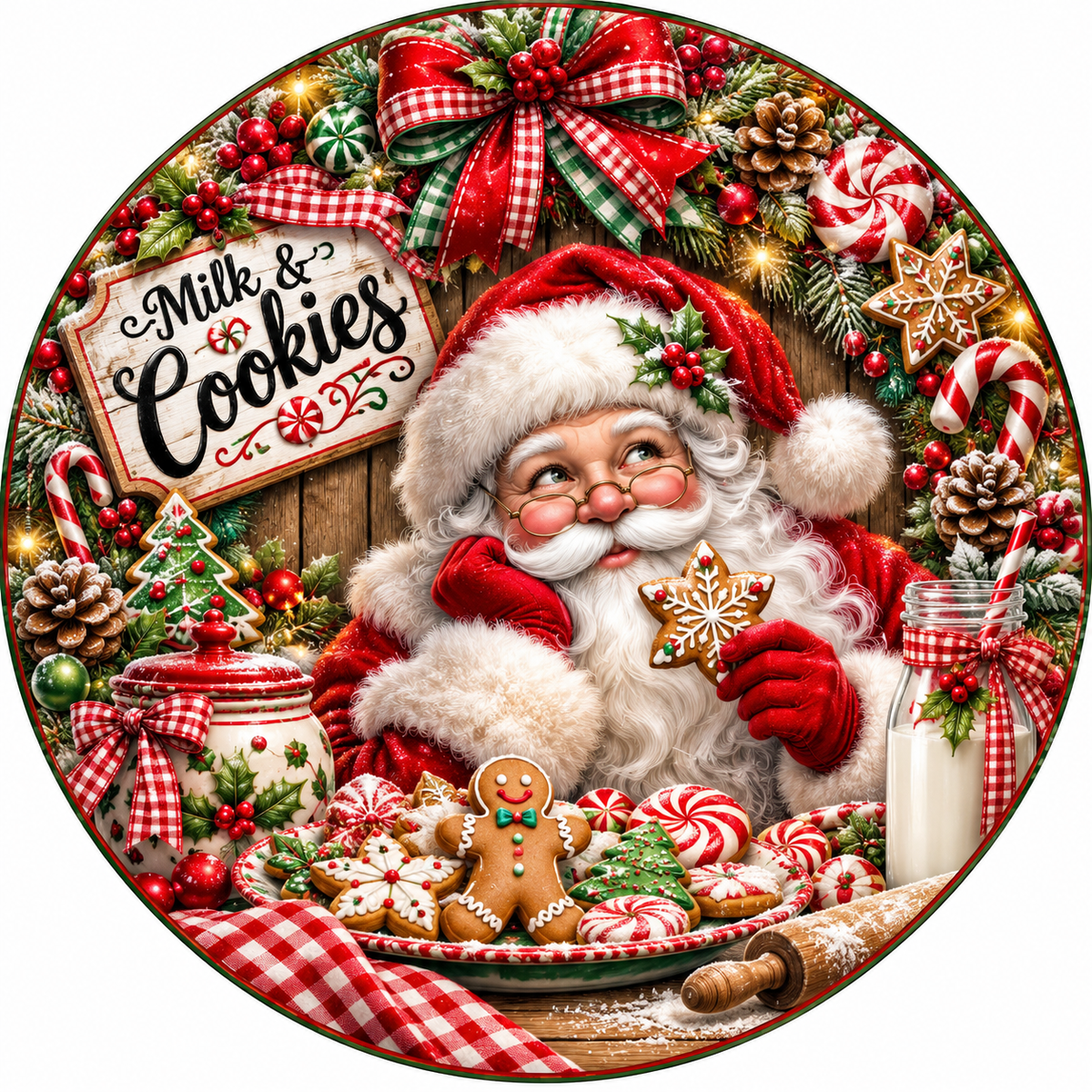 A festive Christmas scene featuring Santa Claus surrounded by various holiday decorations, including a wreath, cookies, and other treats.