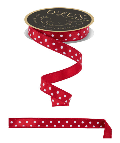 a red ribbon with white polka dots.