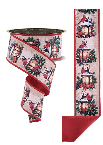 a Christmas-themed ribbon with a repeating pattern of lanterns and birds. The ribbon is red and white and has a black top.