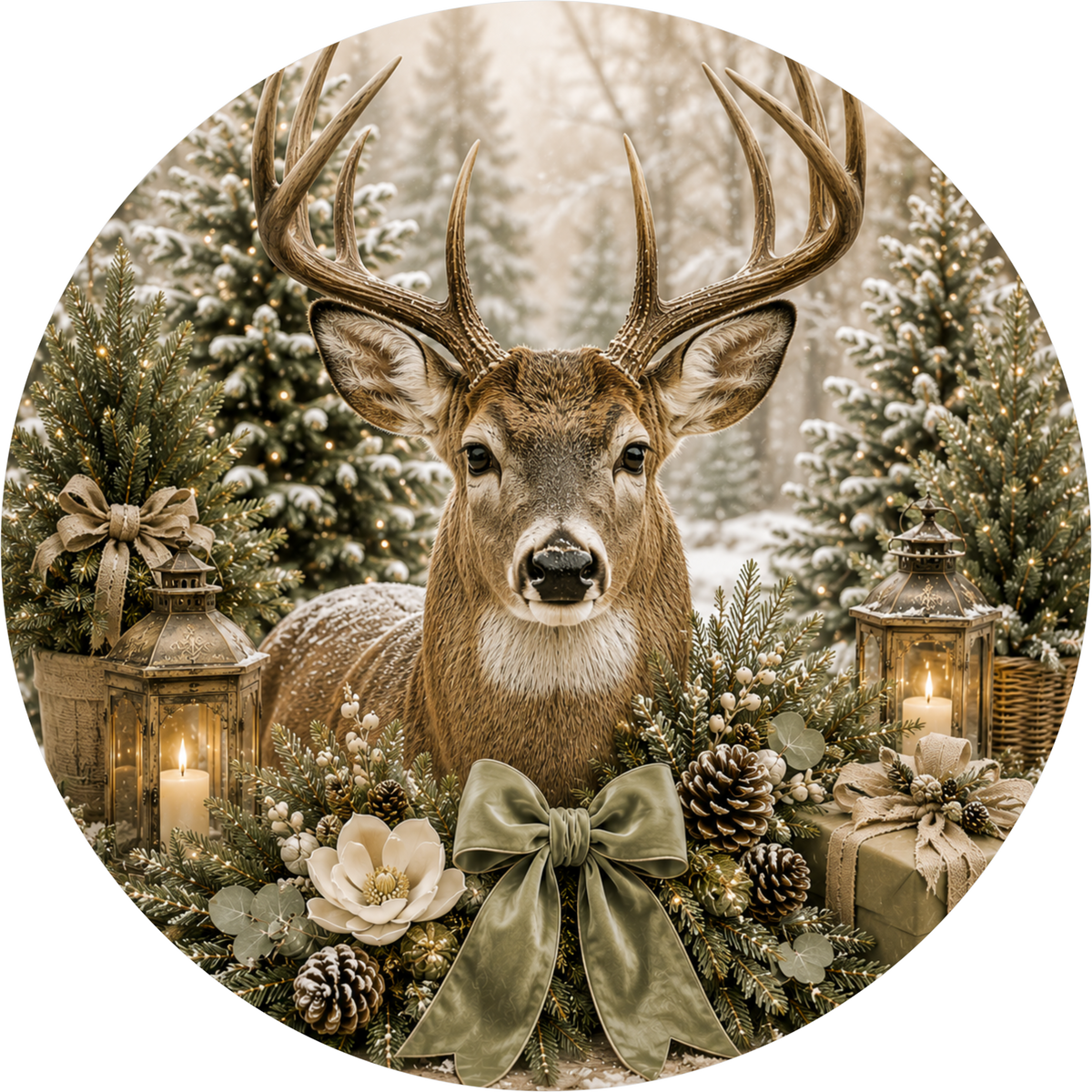 A deer with large antlers sits amidst a wreath of pine cones, pine branches, and other holiday decorations, with lanterns and candles providing a warm, festive atmosphere.
