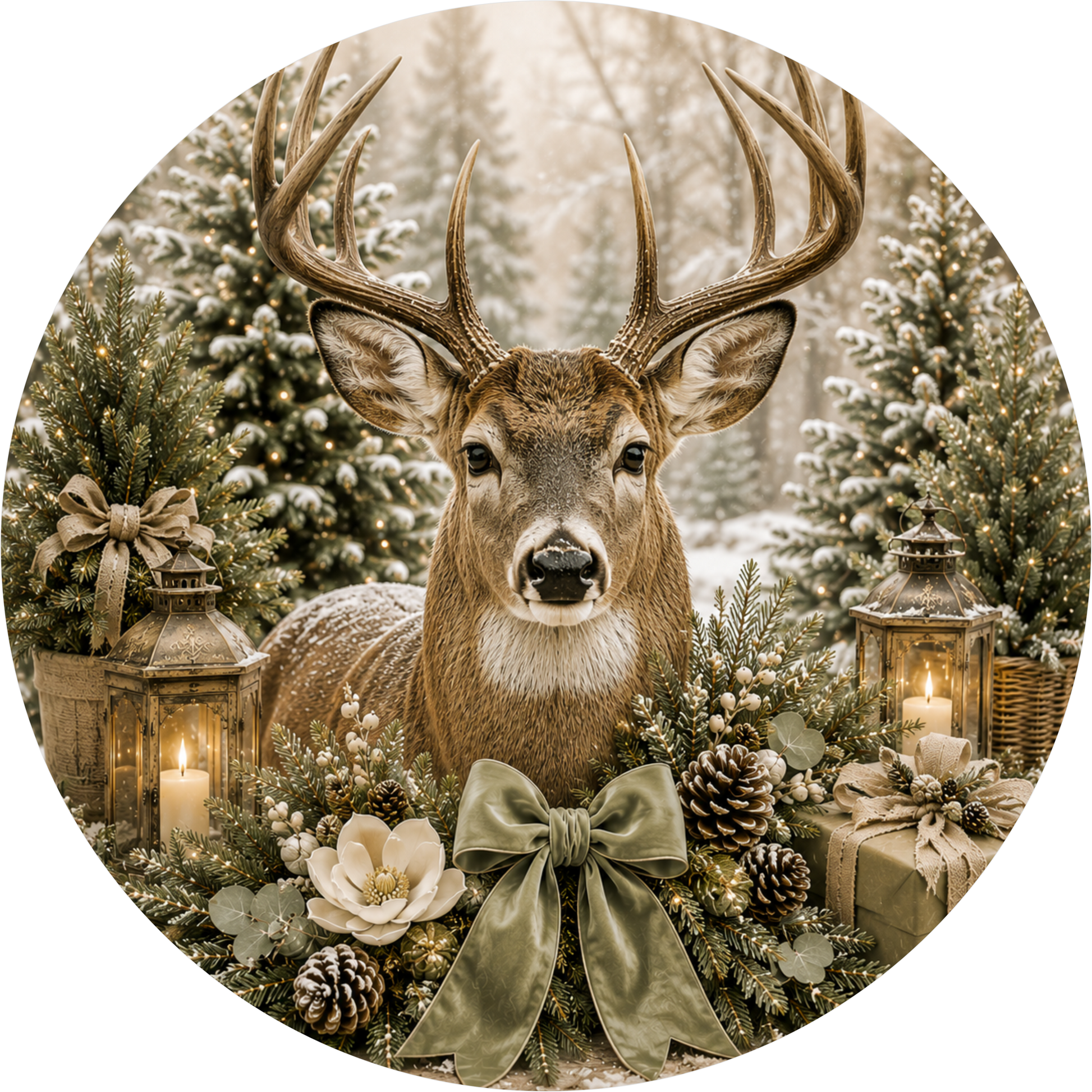 A deer with large antlers sits amidst a wreath of pine cones, pine branches, and other holiday decorations, with lanterns and candles providing a warm, festive atmosphere.